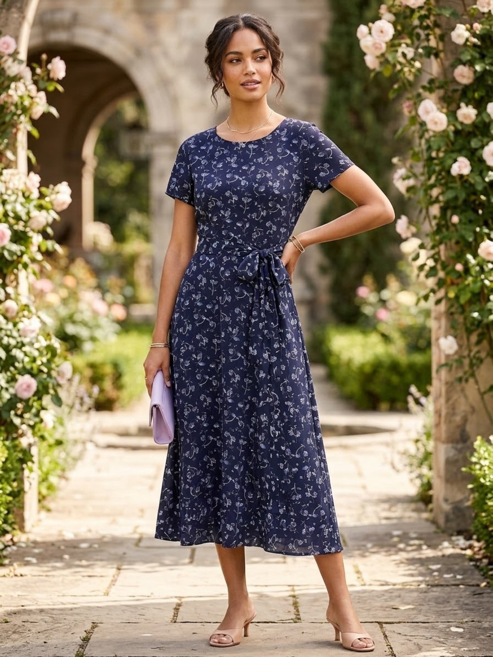 Navy Floral Tie-Waist Midi Dress